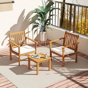 3-Piece Acacia Wood Patio Conversation Set with Off White Cushions