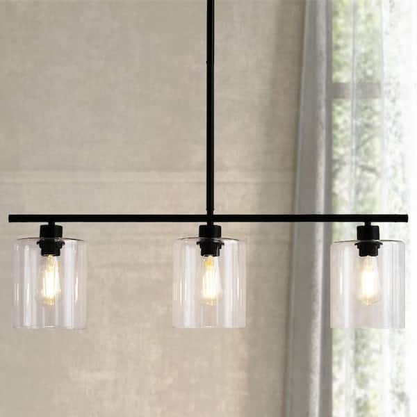 YANSUN 3-Light Matte Black Modern Kitchen Island Light fixtures,Linear Chandelier Pendant Hanging Light with Clear Glass Shade