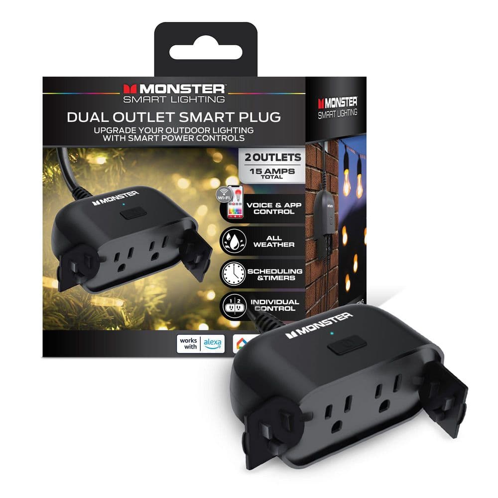 Monster Smart Dual Outdoor Plug with Wi-Fi, Weather-Resistant, 2 Outlets Compatible with Alexa and Google Home