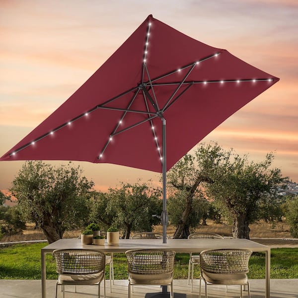 Sonkuki 6 ft. x 9 ft. Aluminum Pole Outdoor Market Umbrella Solar LED Lighted Rectangular Patio Umbrella, Chili Red