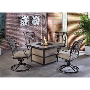 Traditions 5-Piece Aluminum Fire Pit Patio Seating Set with Tan Cushions, Swivel Rockers and Fire Pit Table