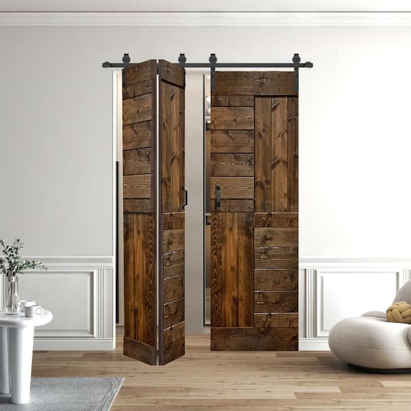 ISLIFE S Series 72in.x84in. (18in.x84in.x4Panels) Dark Walnut Solid Core Wood Bi-fold Doors W/ Hardware Track -Assembly Needed