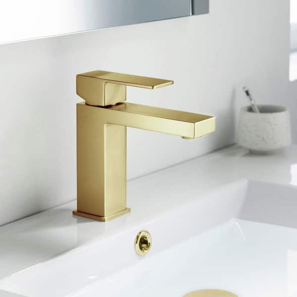 Single Handle Lever Handle Single Hole Bathroom Sink Faucet with Supply Lines and Pop-Up Drain in Brushed Gold