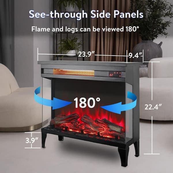24 in. 3-Sided Freestanding Electric Fireplace in Black with Feet, Infrared Heater, Adjustable Flame and Temp Settings