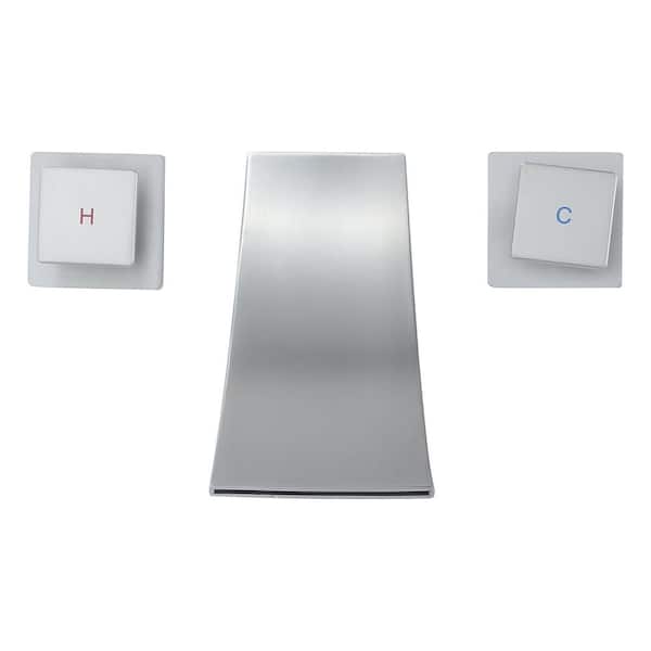 IVIGA 8 in. Double Handle Wall Mount Bathroom Faucet with 3.54 in. Wide Waterfall Spout and Brass Valve in Brushed Nickel