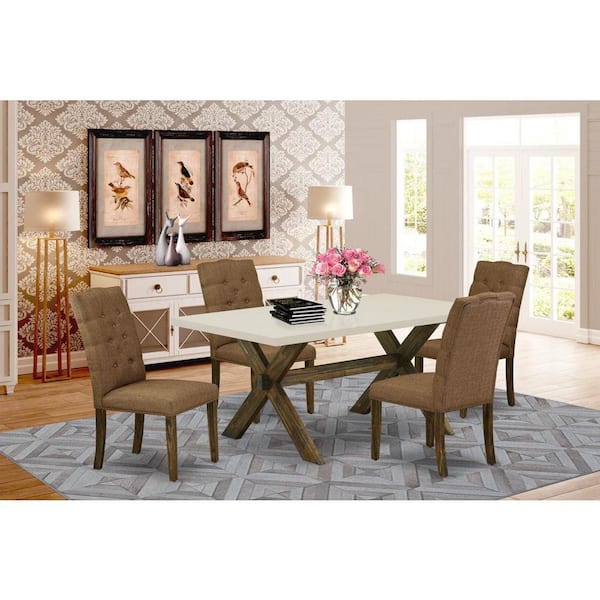 East West Furniture 5-Piece Rectangle Distressed Jacobean Finish Solid Wood Top Dining Table with 4 Upholstered-Chairs with Lattice Back