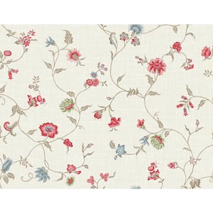 Cranberry and Blue Bell Florale Trail Paper Unpasted Nonwoven Wallpaper Roll 60.75 sq. ft.