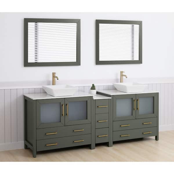 84 in. W Double Basin Vintage Green Bath Vanity with White Engineered Marble Top and Mirror