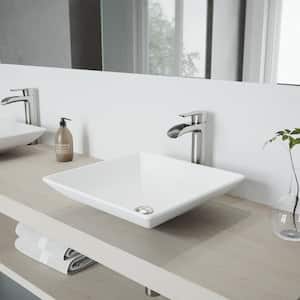 Matte Stone Hibiscus Composite Square Vessel Bathroom Sink in White with Niko Faucet and Pop-Up Drain in Brushed Nickel