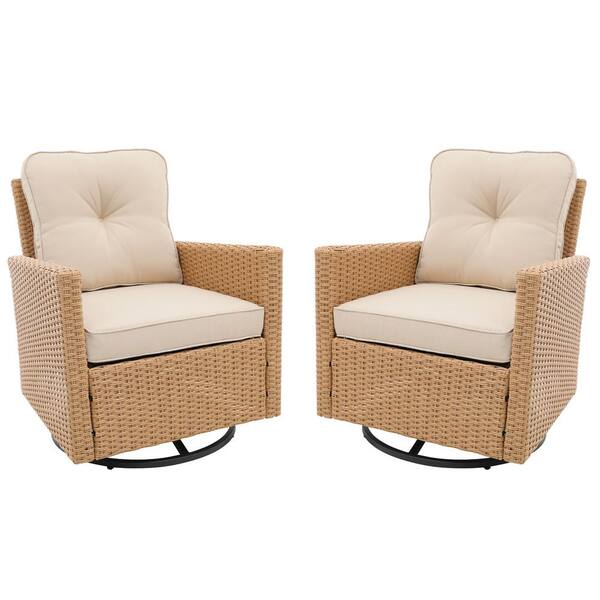 PATIOGUARDER 2-piece Beige Wicker 360° Swivel Outdoor Rocking Chair with Beige Cushion