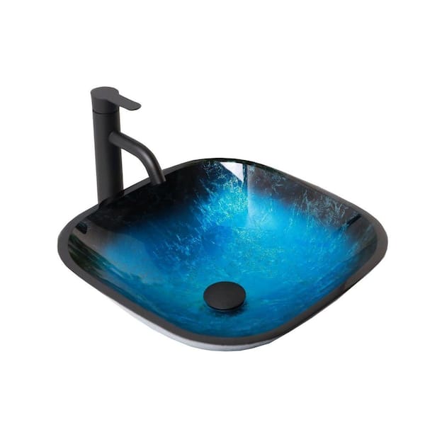 Avex 16.77 in. Vessel Bathroom Sink in Blue Tempered Glass with Faucet and Pop-up Drain