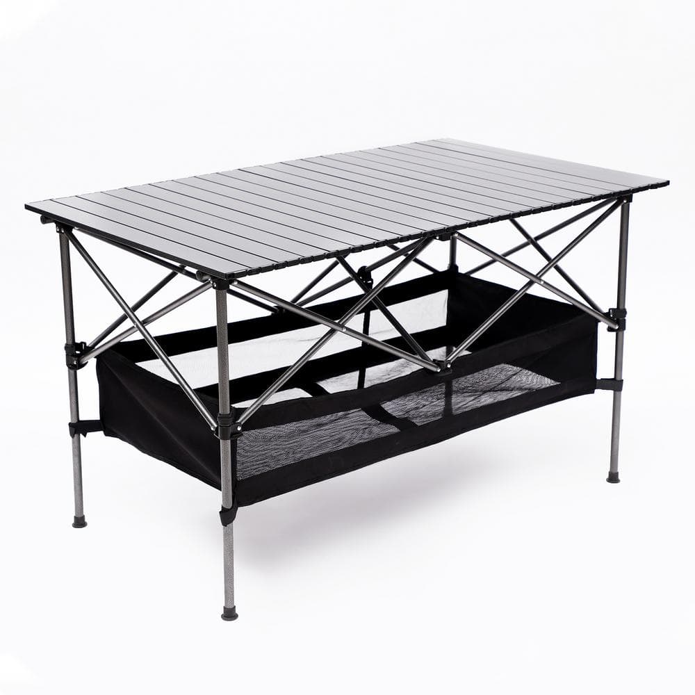 Black Aluminum Folding Rectangular Outdoor Camping Table with Handbag