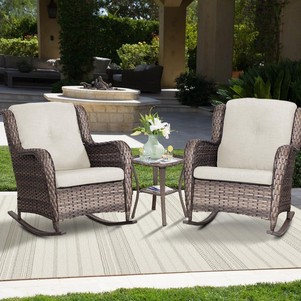 3-Piece Wicker Outdoor Rocking Chairs Patio Conversation Set Chat Set with Beige Cushions and 1 Table price history on PriceWatchPro