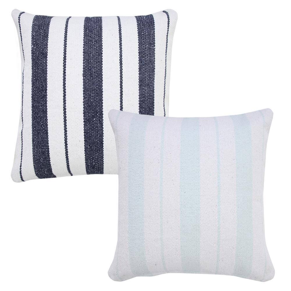 Bright Blue and White Cotton Striped 20'' Square Throw Pillow