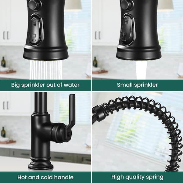 Single Handle 18 In. H Pull Down Sprayer Kitchen Faucet 360° Spout Swivel with Pull Out Spray in Matte Black