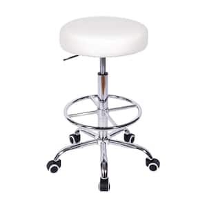 Office Stool Faux Leather Rolling Ergonomic Office Chair in Black with Footrest and Wheels