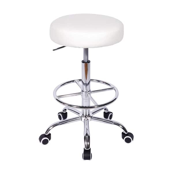 Office Stool Faux Leather Rolling Ergonomic Office Chair in Black with Footrest and Wheels