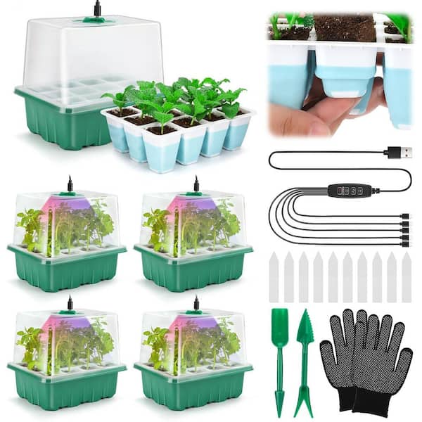Seed Starter Tray Kit with Grow Light 60 Cells 5-Piece Reusable Seedling Trays with Humidity Dome and High Lid