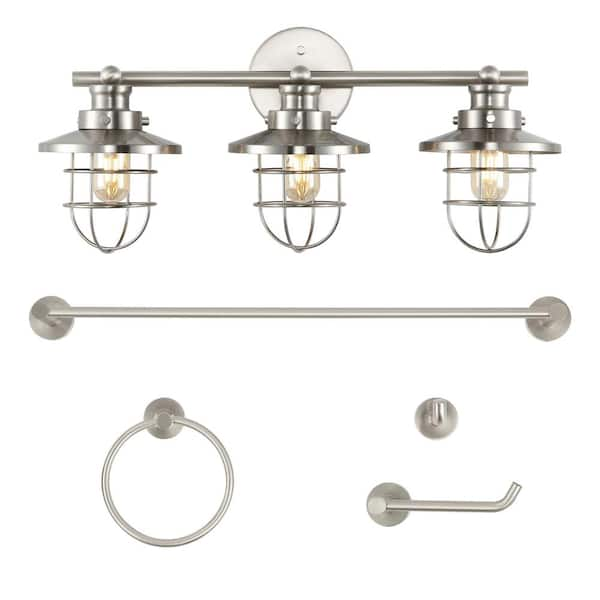 JONATHAN Y Ellis 24 in. 3-Light Industrial Farmhouse Vanity Light with Bathroom Hardware Accessory Set, Brushed Nickel (5-Piece)