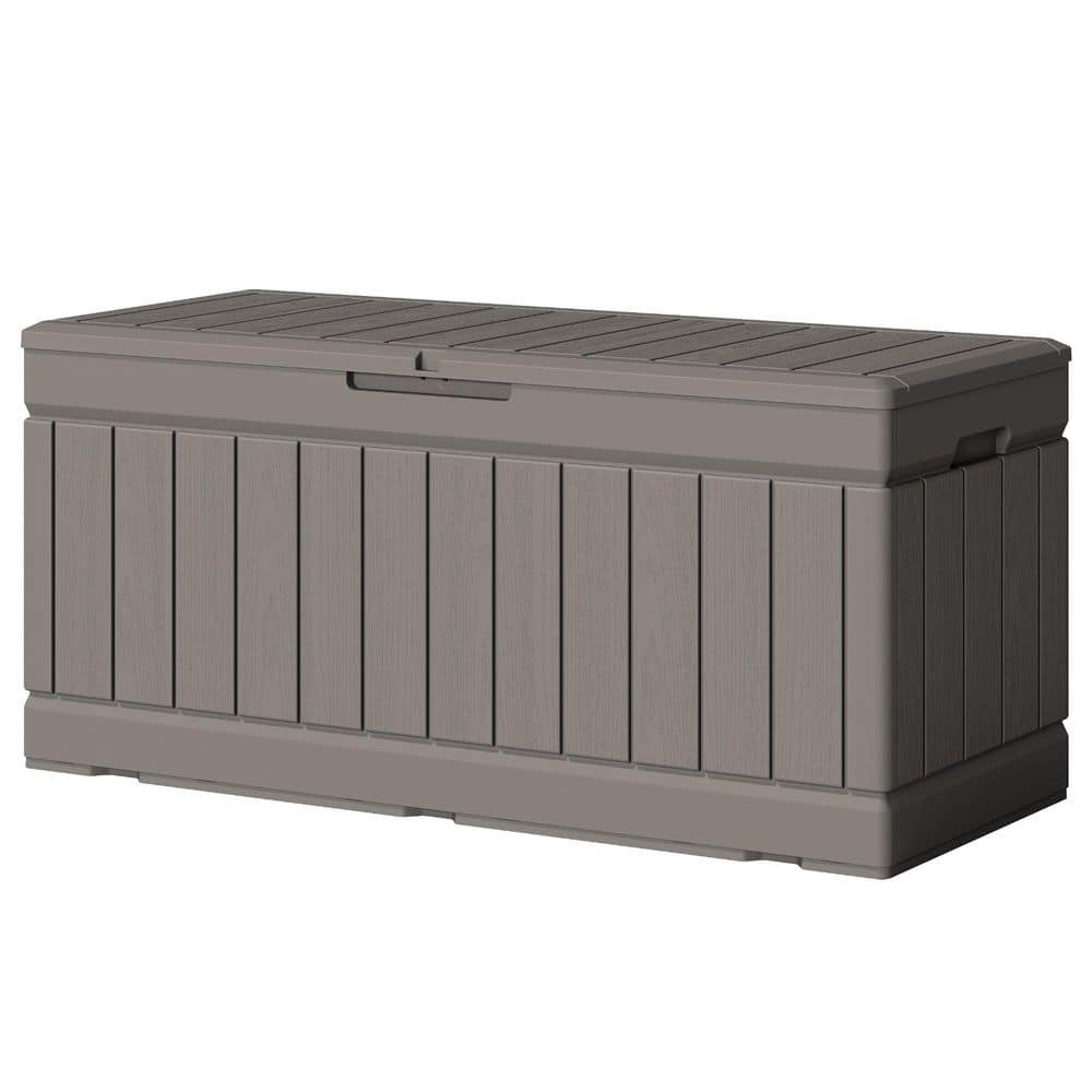 82 Gal. Heavy-Duty Outdoor Lockable Storage Deck Box in Light Brown, Wood Look Outdoor Storage Box for Patio Furniture