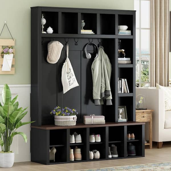Farmhouse Hall Tree with 6 Hooks, Walnut Storage Bench with Adjustable Shelves, 13 Cubbies, Black plus Dark Walnut