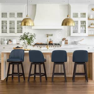 26 in. Navy Blue Wood Frame Swivel Cushioned Bar Stool with Faux Leather, Swivel Counter Stool (Set of 4)