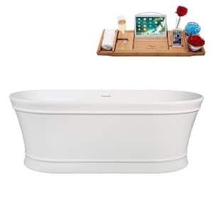 65 in. x 31 in. Acrylic Freestanding Soaking Bathtub in Glossy White With Polished Brass Drain, Bamboo Tray