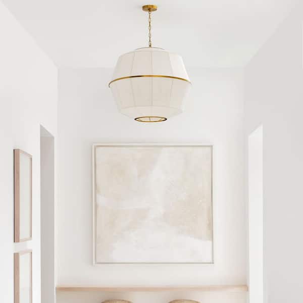Generation Lighting - Hikari Large 5-Light Burnished Brass Dining Room Pendant Chandelier with White Linen Shade