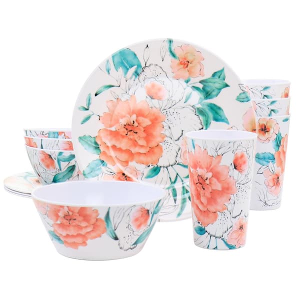 Gibson Elena Rose 12-Piece White Round Melamine Dinnerware Set
