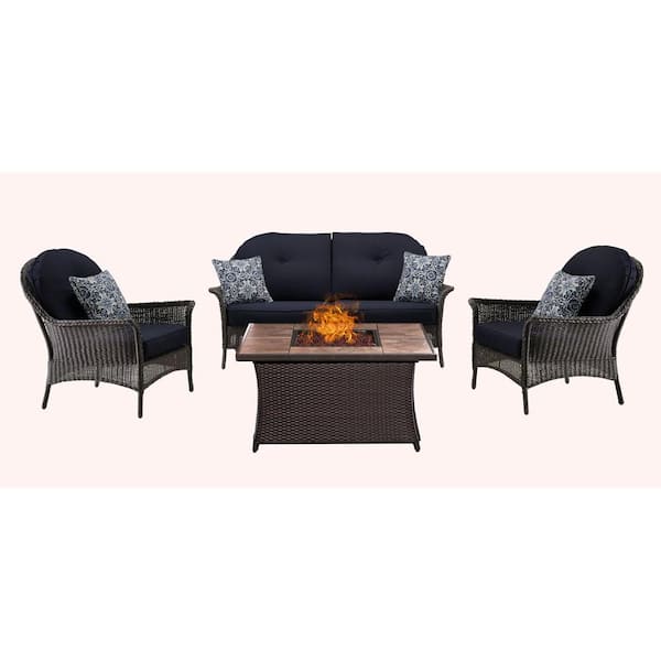 Hanover San Marino 4-Piece All-Weather Wicker Patio Fire Pit Seating Set with Tile-Top Fire Pit and Navy Blue Cushions