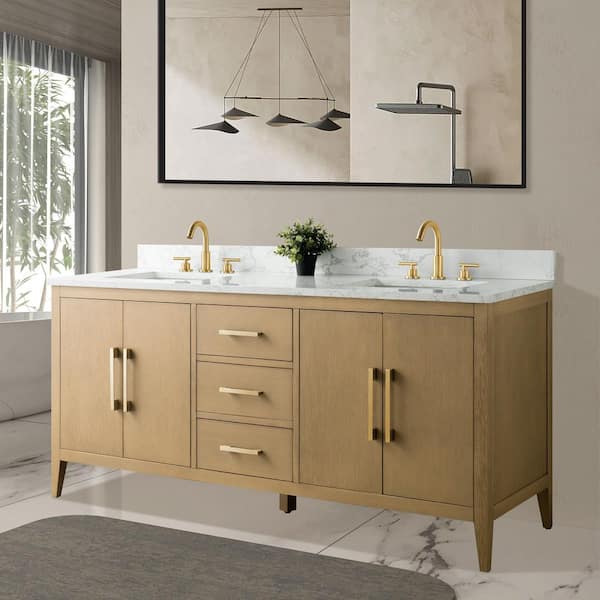 72 in. W x 22 in. D x 34 in. H Double-Sink Bathroom Vanity in Natural Oak with Engineered Marble Top in Arabescato White