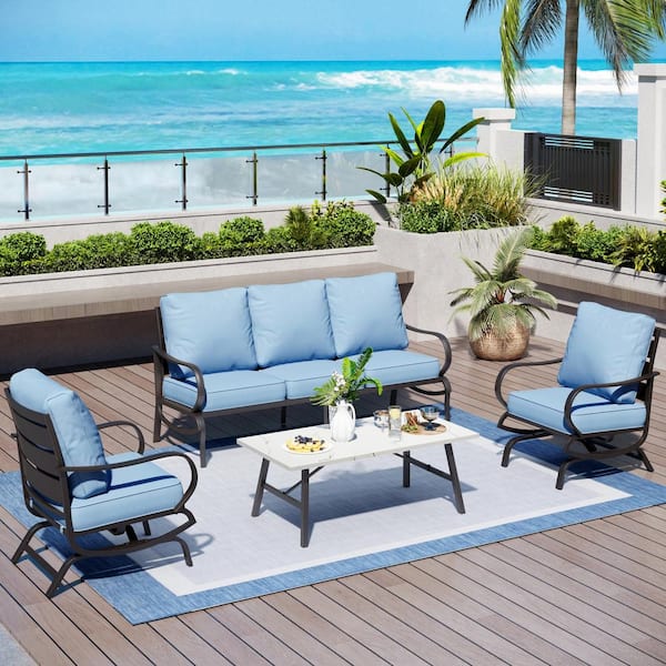 PHI VILLA Metal 5 Seat 4-Piece Steel Outdoor Patio Conversation Set With Rocking Chairs, Blue Cushions, Marble Pattern Table