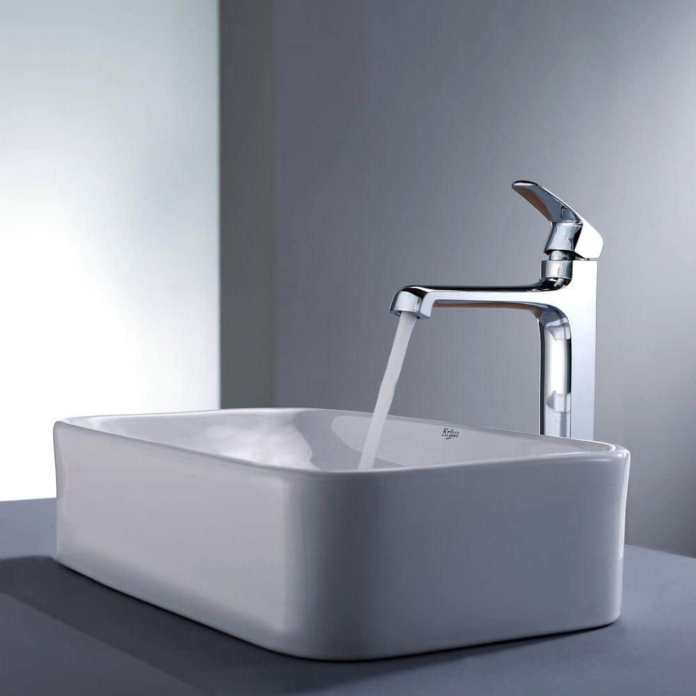 White Ceramic Rectangular Above-Counter Vessel Sink with Chrome Drain
