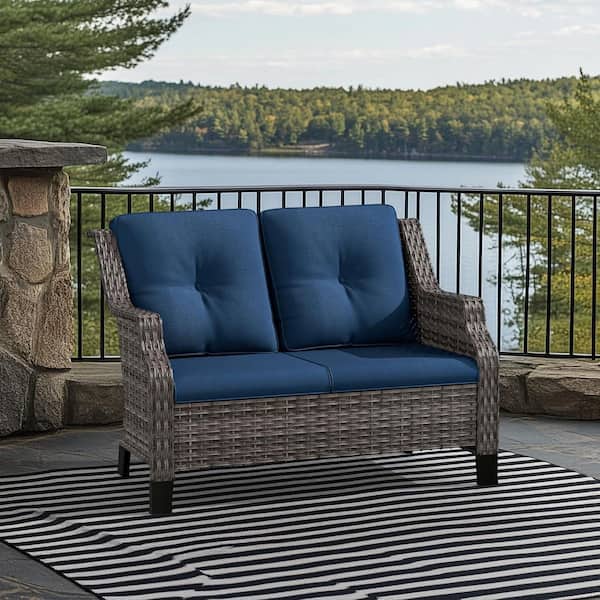 4-Piece Wicker Outdoor Sectional Set with Blue Cushions, and 2