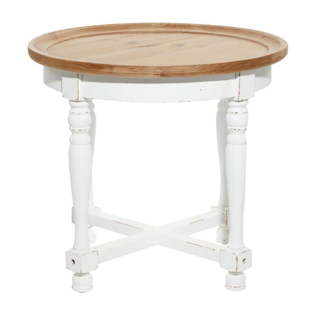 White and Brown Round Wood Accent Table with Spindle Legs