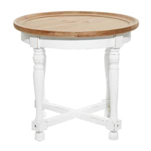 24 in. White Large Round Wood End Accent Table with Brown Wood Top