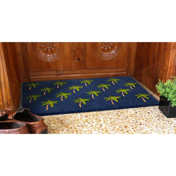 Natural Coco Coir Beige and Blue Tree Printed Anti-Slip Doormat