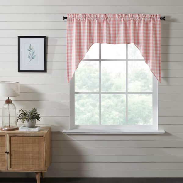 VHC BRANDS Annie Buffalo Check 36 in. L Cotton Swag Valance in Coral Soft White Pair