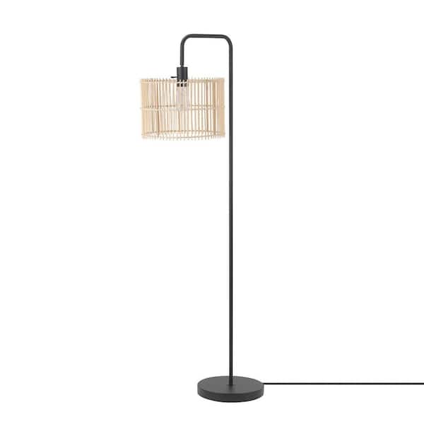 Globe Electric 58 in. Matte Black Floor Lamp with Bamboo Shade, On