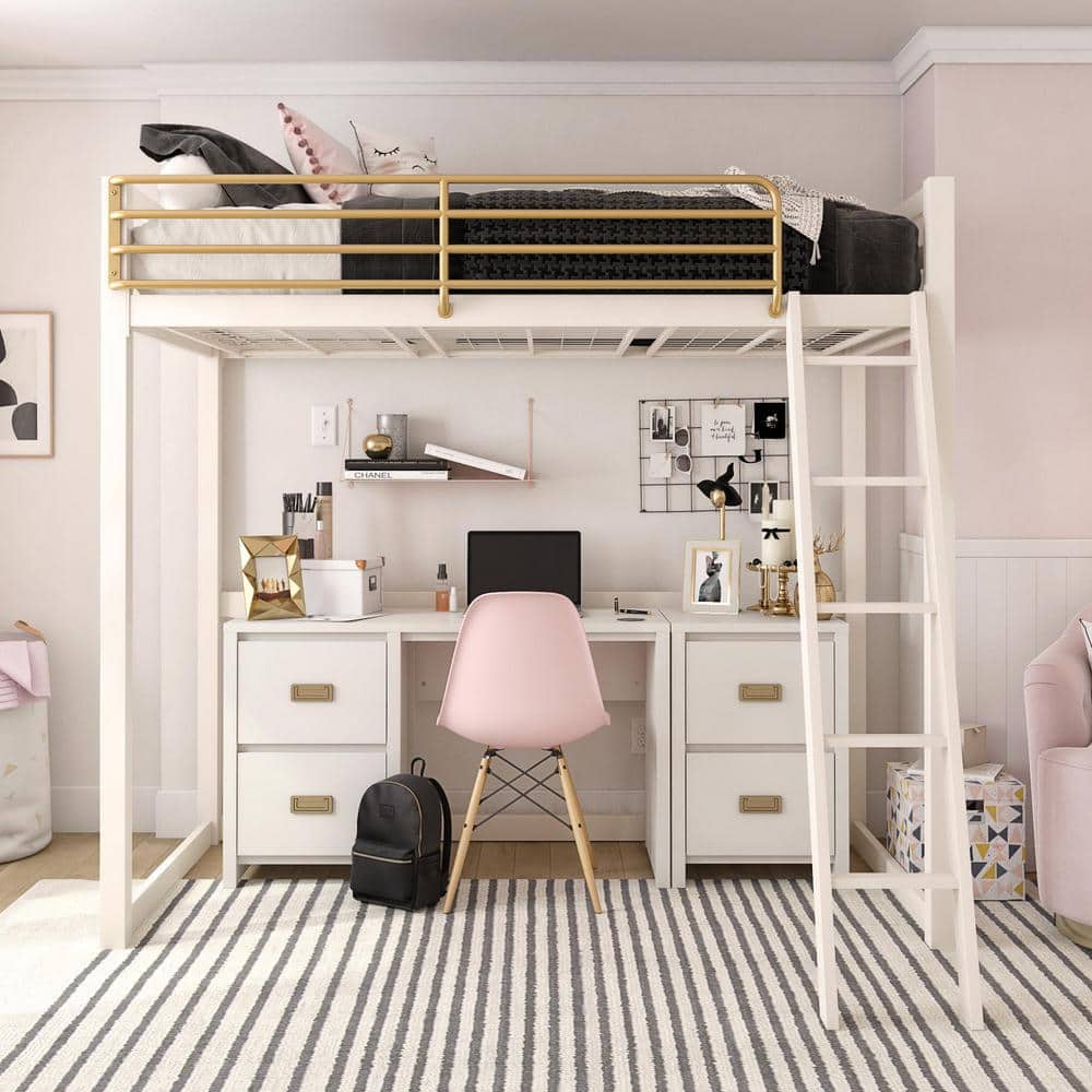 Explorer's Haven White Wooden Kids' Desk with Gold Drawer Pulls