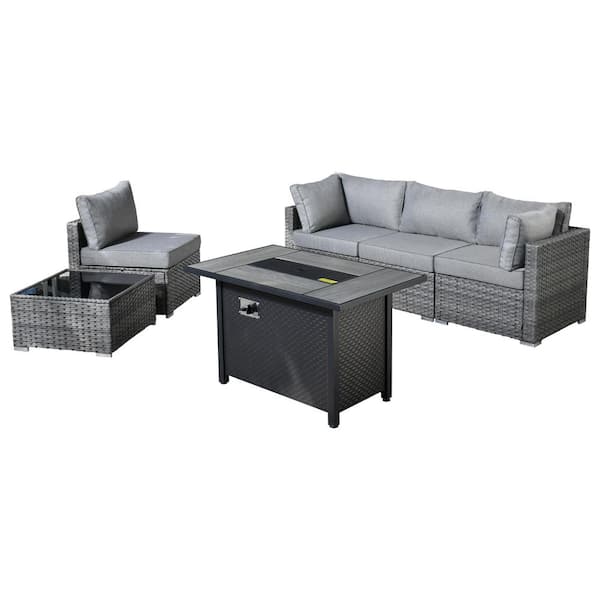 Helene Gray 6-Piece Wicker Outdoor Fire Pit Furniture Set Patio Conversation Sofa Set with Dark Grey Cushions