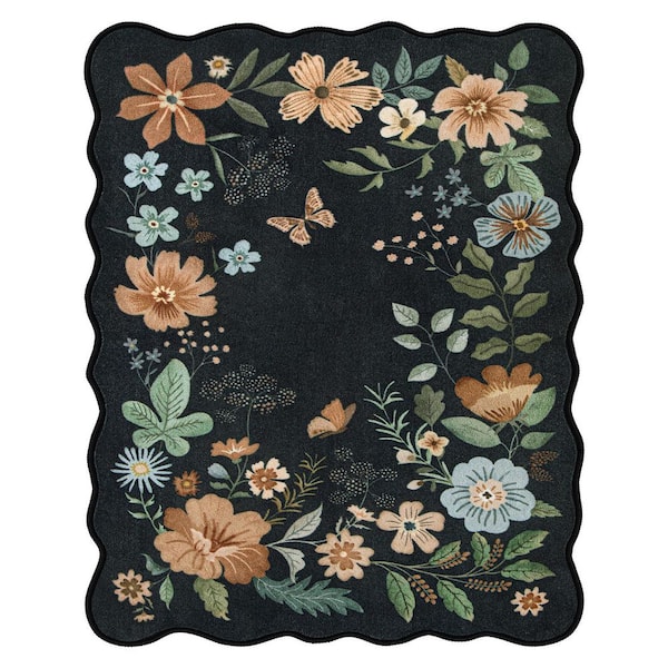 Washable Farmhouse Floral Print Wave-Shape Dark Blue 8 ft. x 10 ft. Living Room Bedroom Area Rug