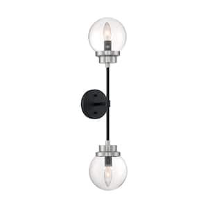 Axis 5.88 in 2-Light Matte Black/Brushed Nickel Accents Wall Sconce with Clear Glass Shade