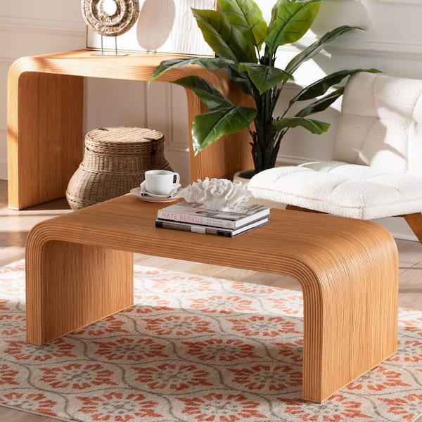 bali & pari Guevara 44.5 in. Light Honey Specialty Waterfall Rattan/Wicker Coffee Table