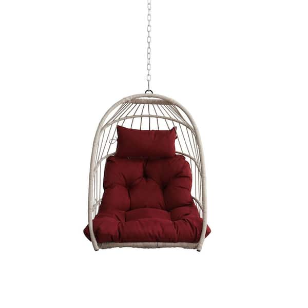 Single Outdoor Garden Wicker Rattan Porch Swing Hanging Egg Chair with Red Cushion