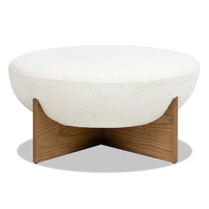 Bali 37 in. Round Upholstered Cocktail Ottoman with Natural Wood Base, Ivory White Boucle