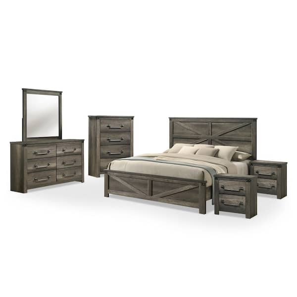 Carter 6-Piece Rustic Gray Wood Frame King Panel Bedroom Set with Farmhouse Headboard, Antique Brass Drop Handles