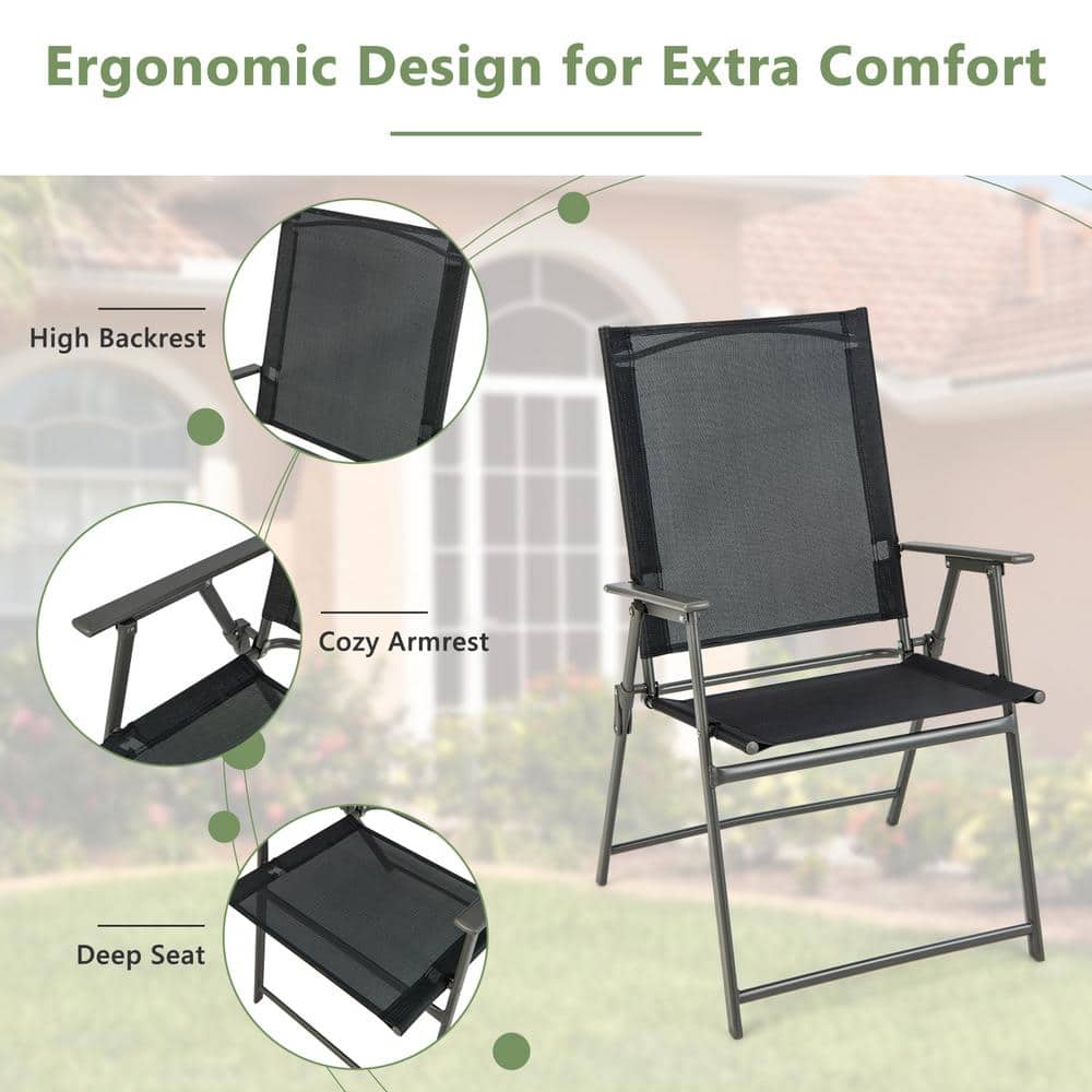 Black and Gray Metal Folding Outdoor Dining Chairs with Armrests, Set of 2