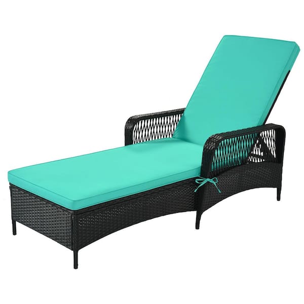 Sireck Black Wicker Outdoor Patio Pool PE Rattan Wicker Sun Chaise Lounge with Adjustable Backrest in Green Cushion (1-Sets)