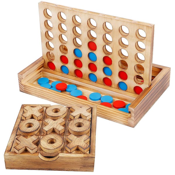 Angel Sar Rustic Decor Wood Strategy Board Games Set with Tic Tac Toe and 4 in a Row Table Games for Families